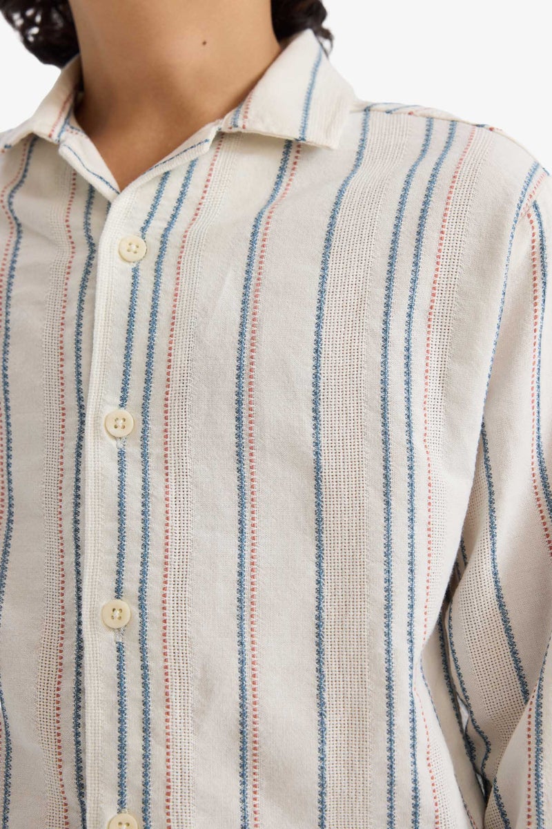 DeFacto Beige Boy Boy Oversize Polo Collar Striped Shirt Casual - Image 4